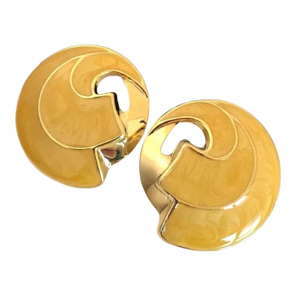Vintage 1980s Yellow Enamel Swirl Earrings Gold Tone Pierced NOS - 7L